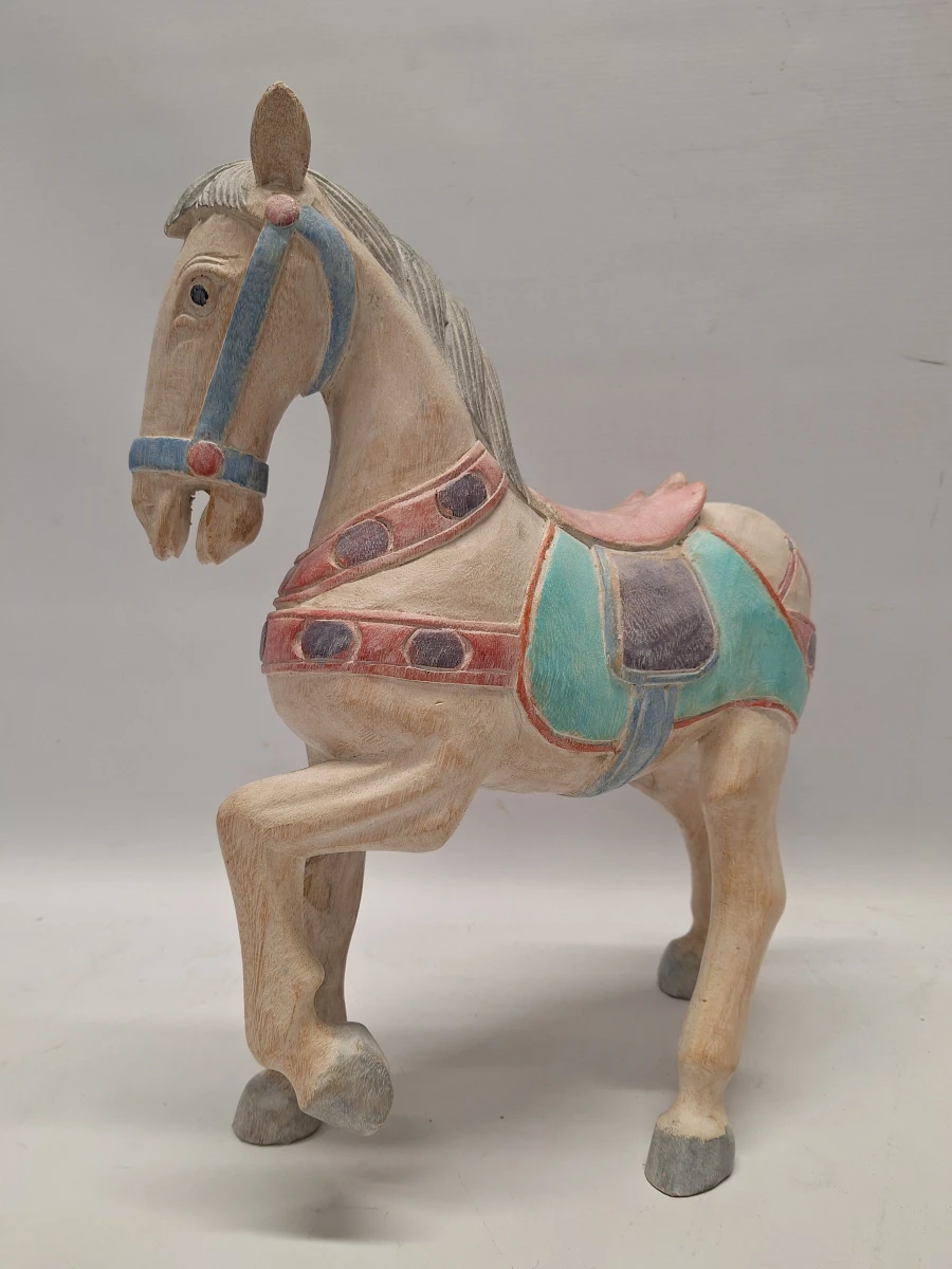 Set van twee grote handgesneden houten paarden - polychroom beschilderd - foto 6