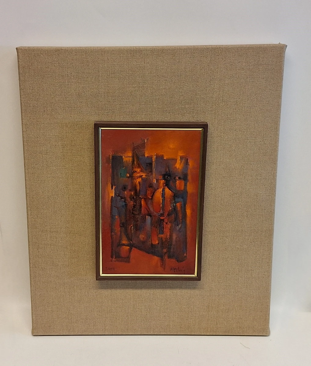 Abstract schilderij in houten lijst op linnen achtergrond – kavel bij De Kringwinkel, Aalst