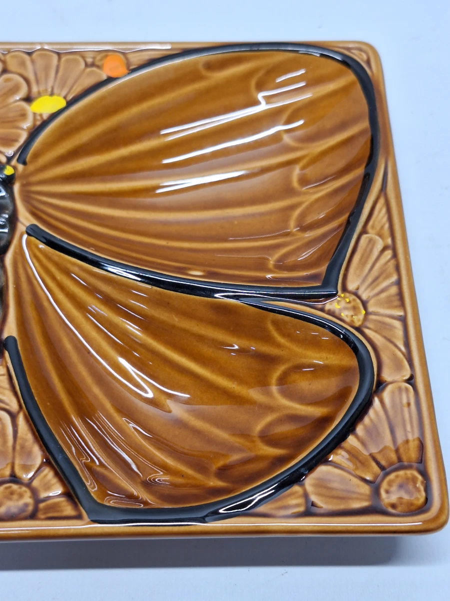 Frans vintage majolica barbotine oesterbord/hapjesschaal in vlindervorm - foto 4
