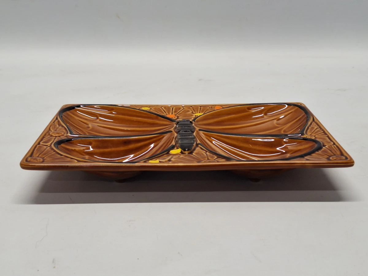Frans vintage majolica barbotine oesterbord/hapjesschaal in vlindervorm - foto 5