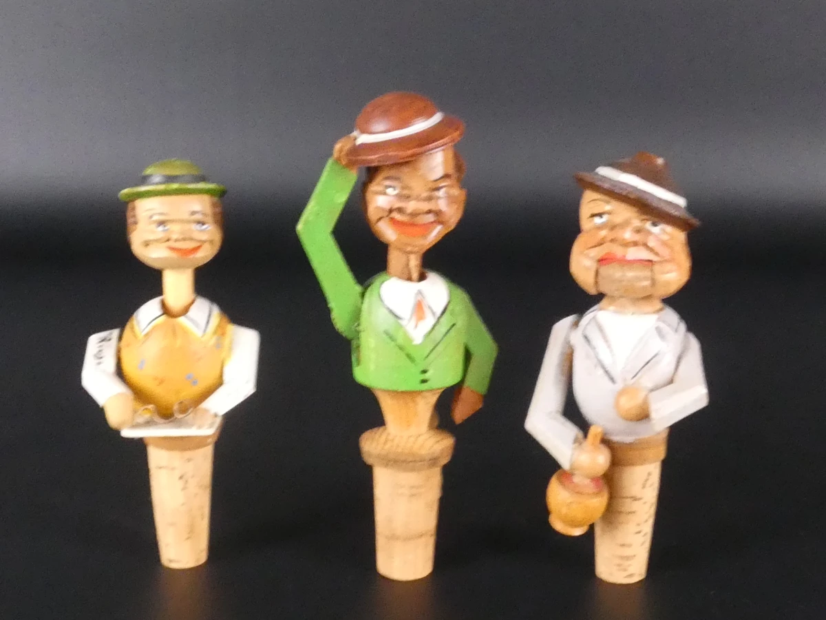 3 Vintage mechanische flessenstoppers - handgesneden hout - foto 2