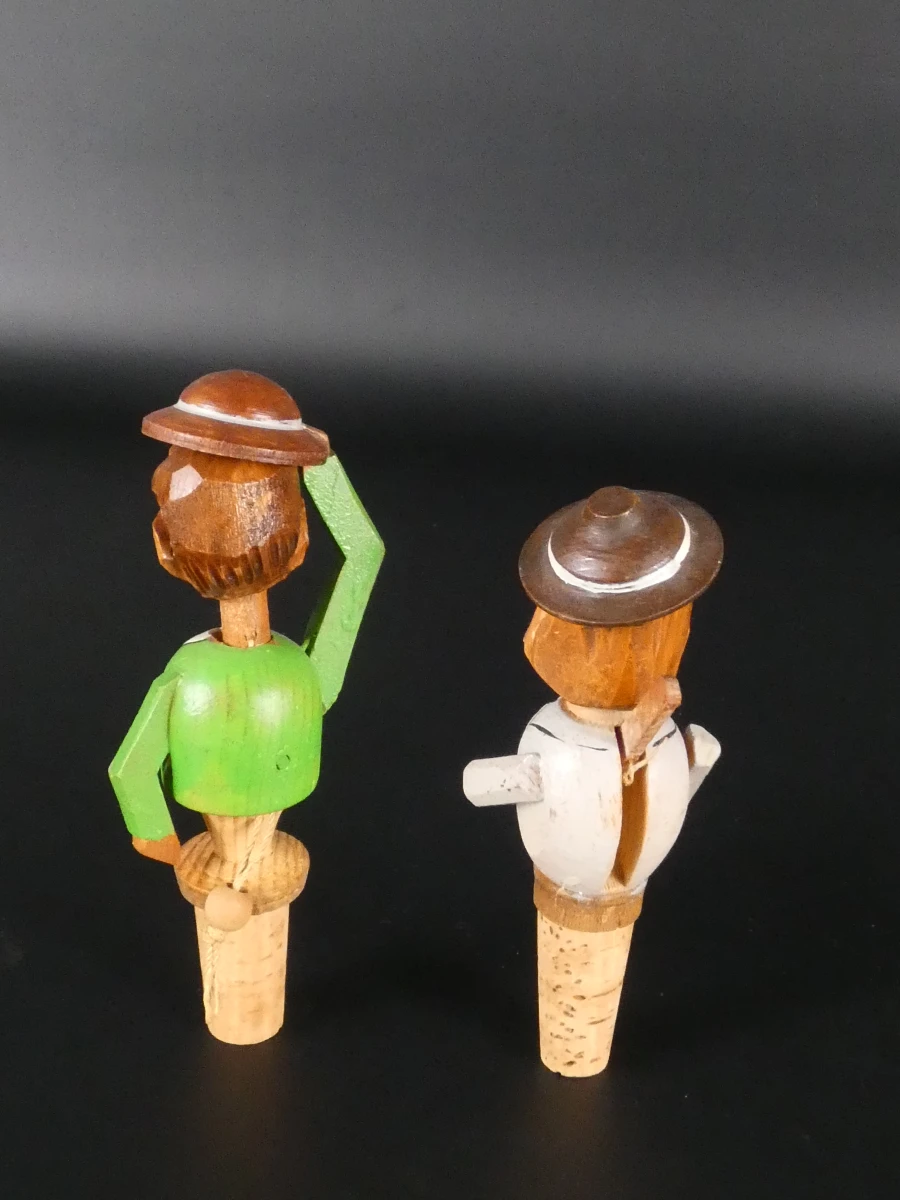 3 Vintage mechanische flessenstoppers - handgesneden hout - foto 6