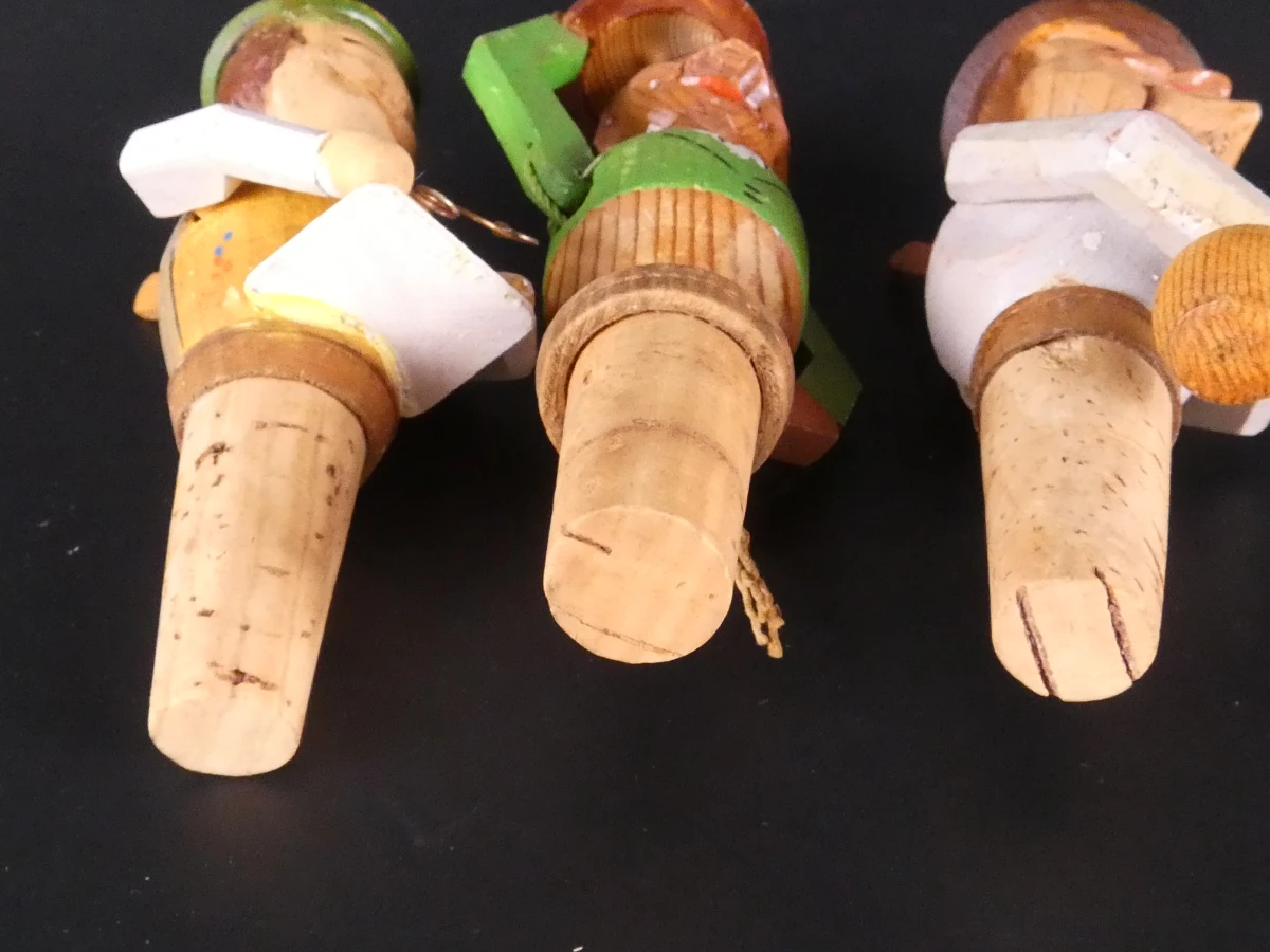 3 Vintage mechanische flessenstoppers - handgesneden hout - foto 12