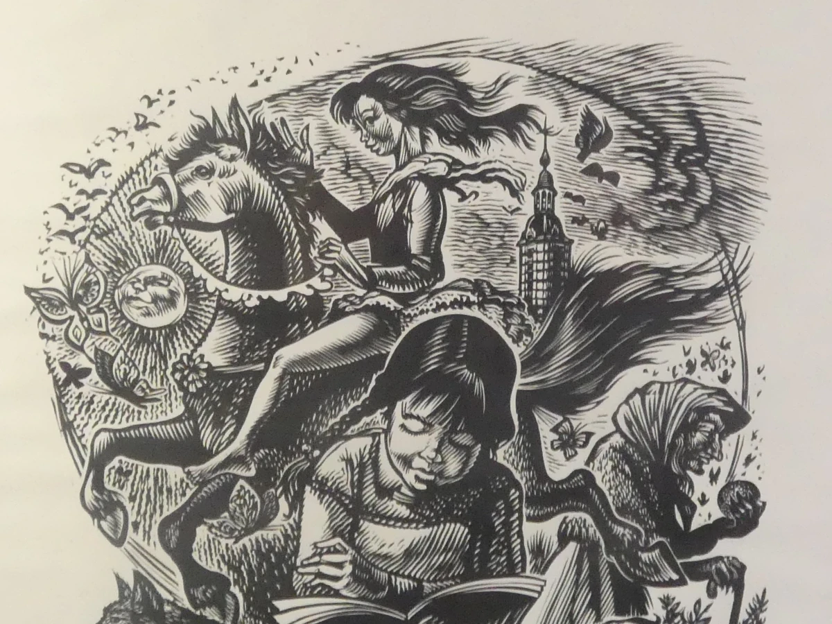 Ingelijste zwart-wit grafische prent – sprookjesachtig tafereel – 5/7 - foto 2