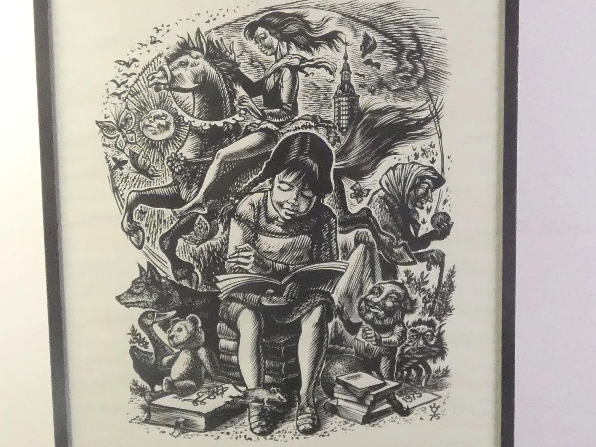 Ingelijste zwart-wit grafische prent – sprookjesachtig tafereel – 5/7 - foto 4