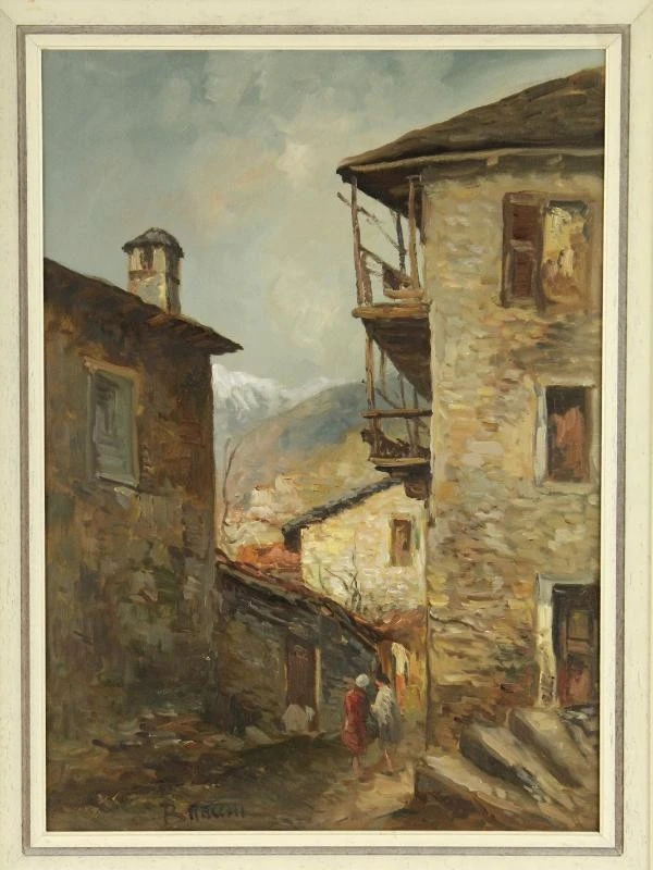Olieverf op canvas "Italiaans smal dorpsstraatje Luigi Bracchi (1892-1978) - foto 2