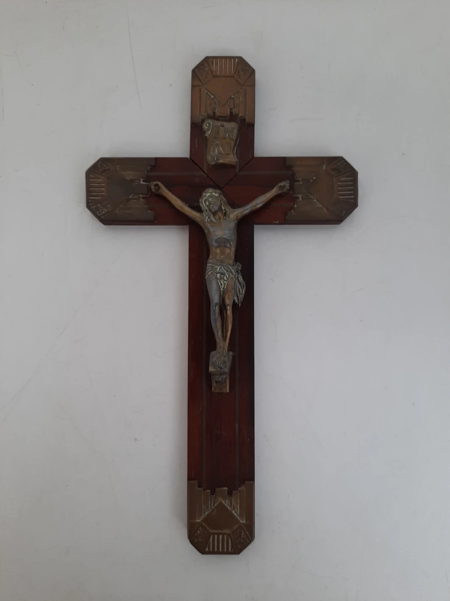 Antiek Art Deco Kruisbeeld – Palissander / Hardhout met Bronzen Corpus – Ca. 1930