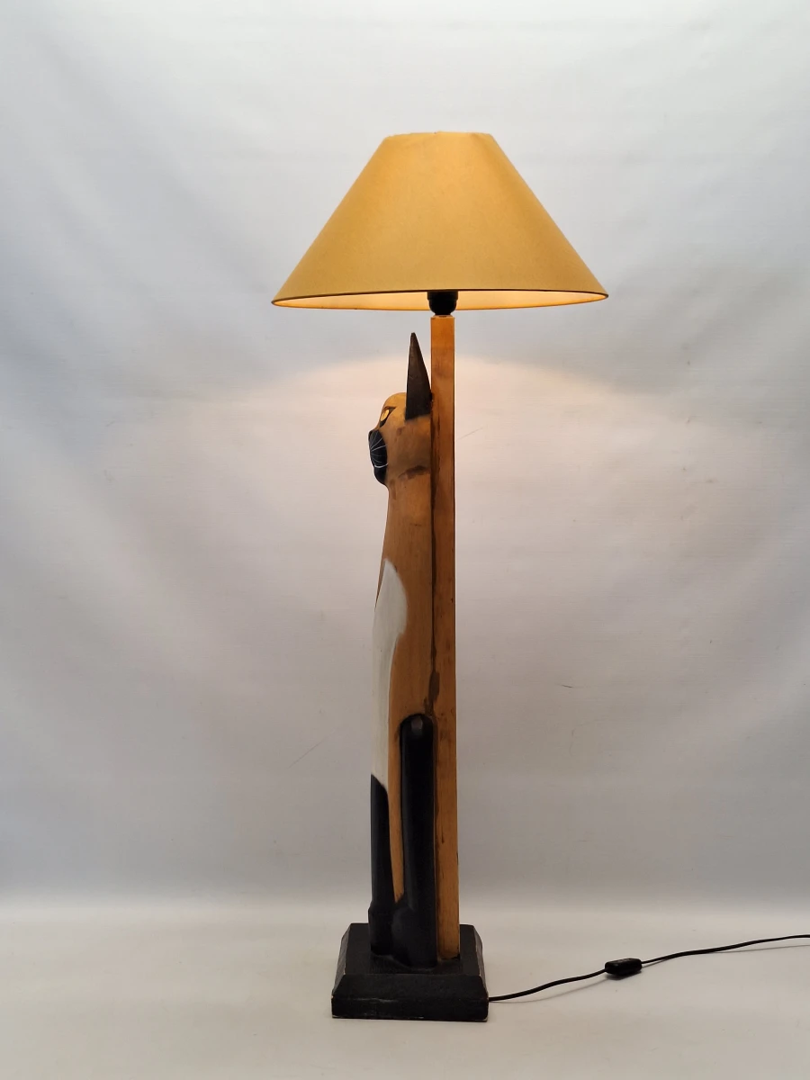 Set van vintage handgesneden houten kattenfiguren en bijpassende kattenlamp - foto 7