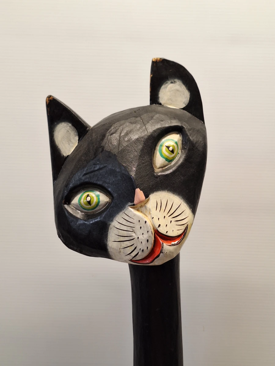 Set van vintage handgesneden houten kattenfiguren en bijpassende kattenlamp - foto 22