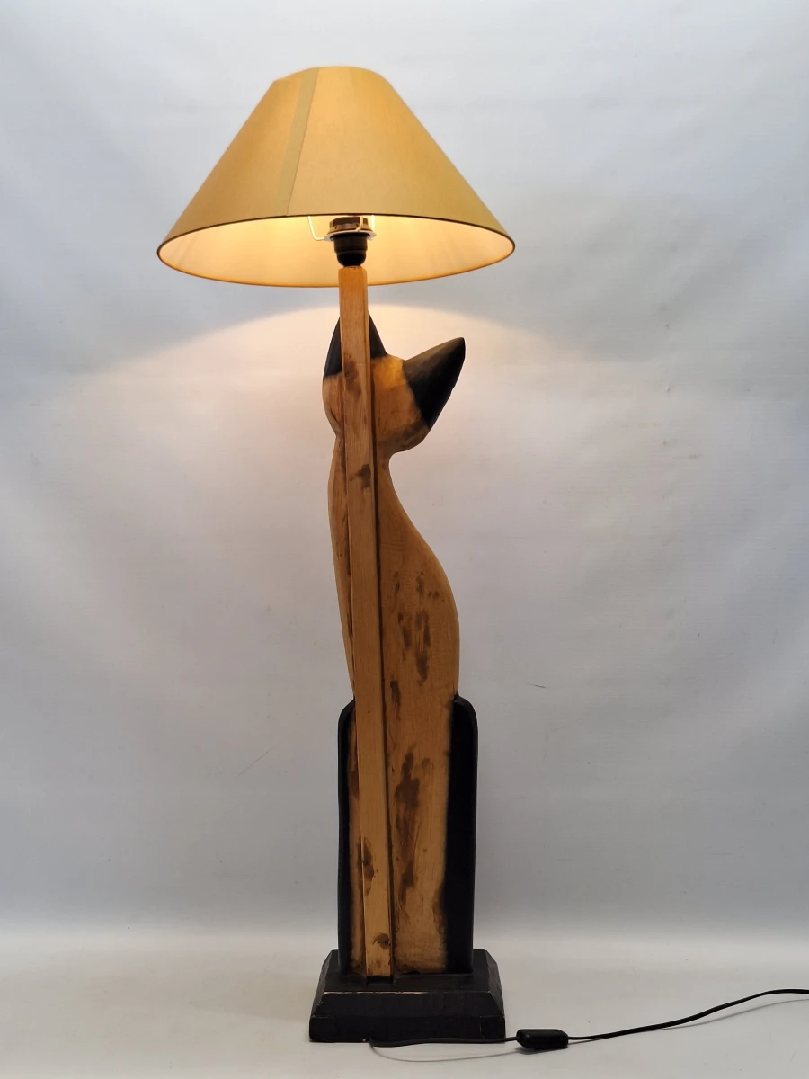 Set van vintage handgesneden houten kattenfiguren en bijpassende kattenlamp - foto 10
