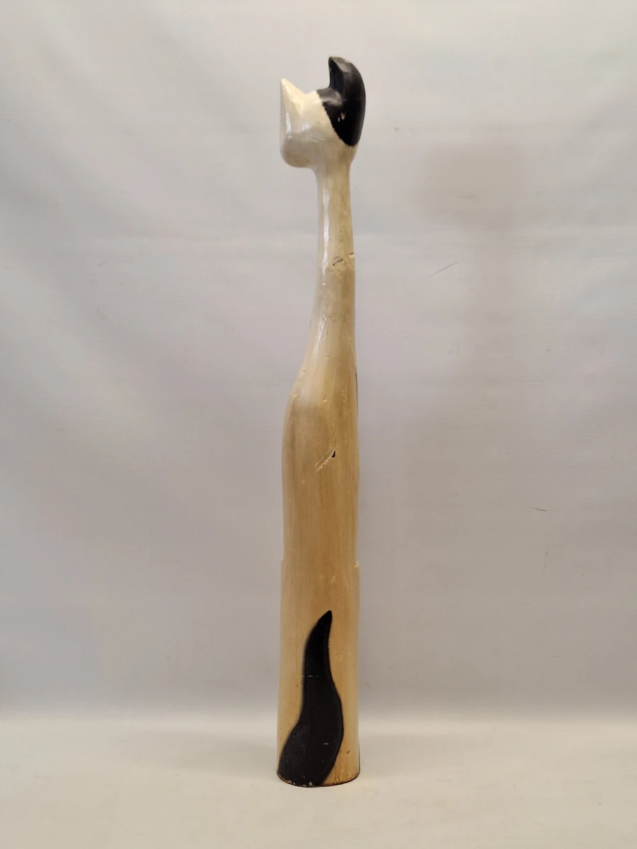 Set van vintage handgesneden houten kattenfiguren en bijpassende kattenlamp - foto 17