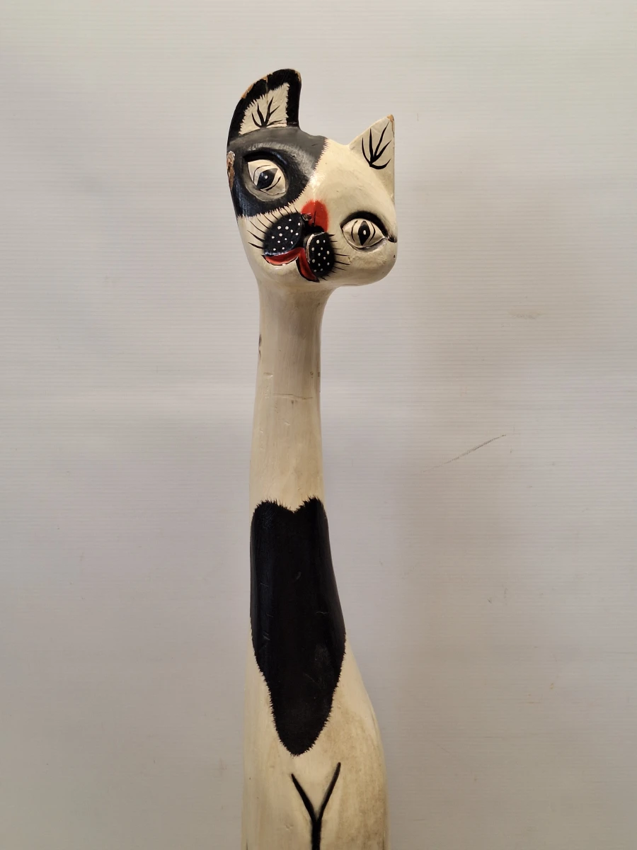 Set van vintage handgesneden houten kattenfiguren en bijpassende kattenlamp - foto 13
