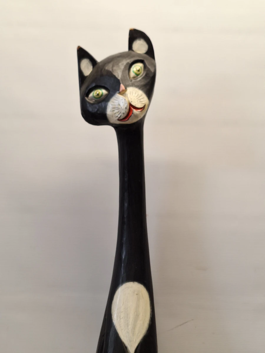 Set van vintage handgesneden houten kattenfiguren en bijpassende kattenlamp - foto 21