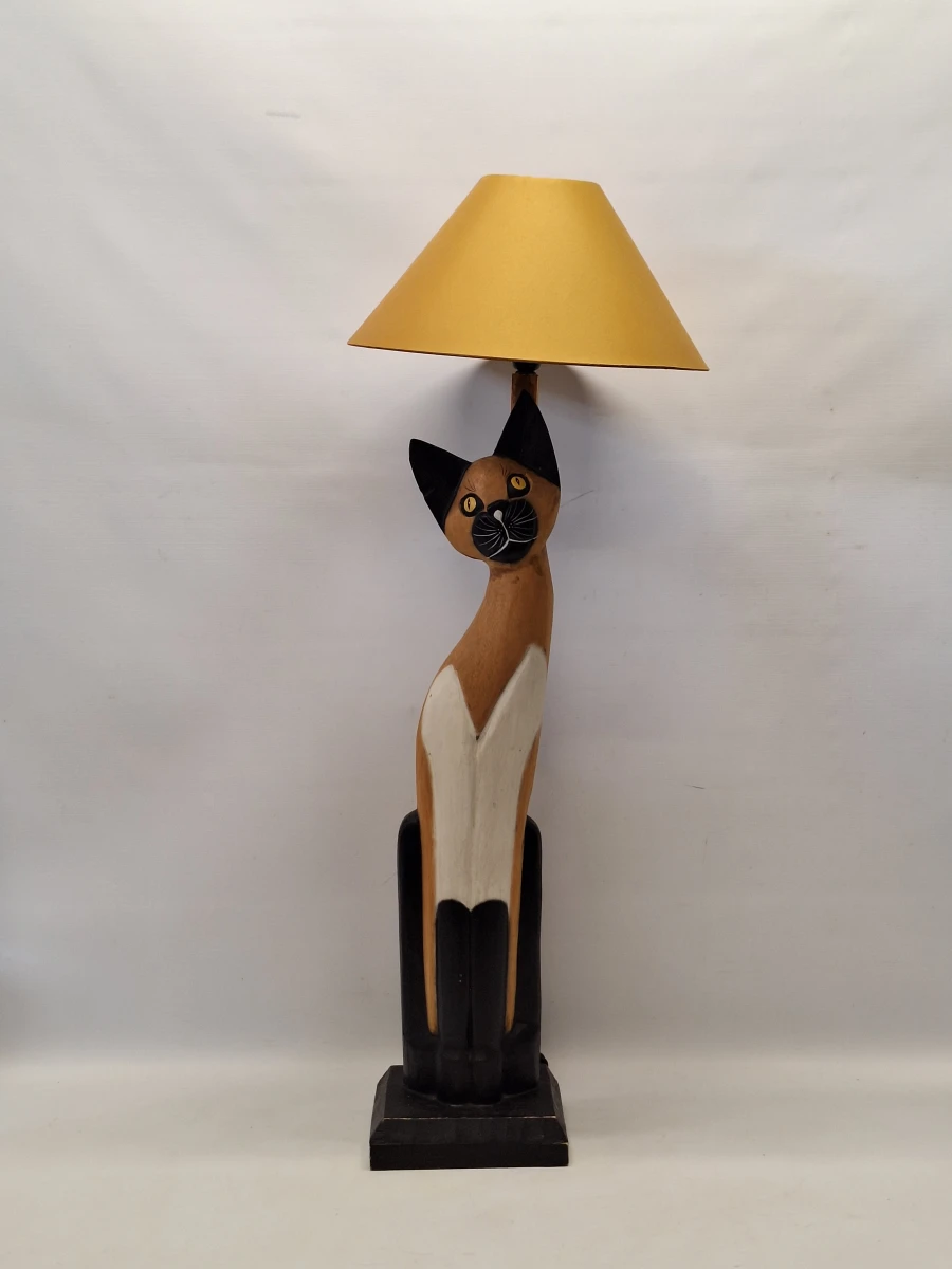 Set van vintage handgesneden houten kattenfiguren en bijpassende kattenlamp - foto 11