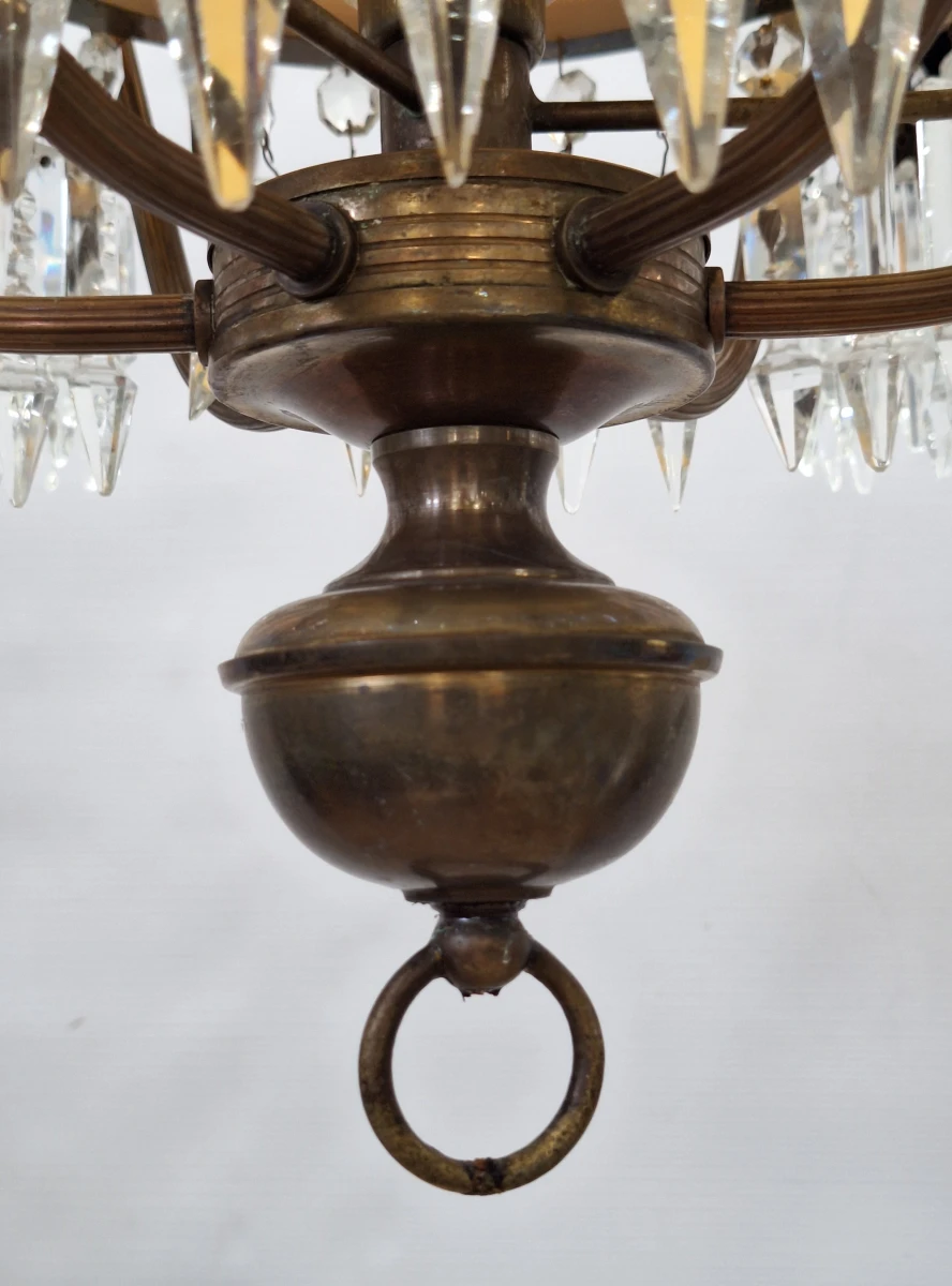 Antieke messing hanglamp met amberkleurig opaline glas en kristallen hangers - foto 14