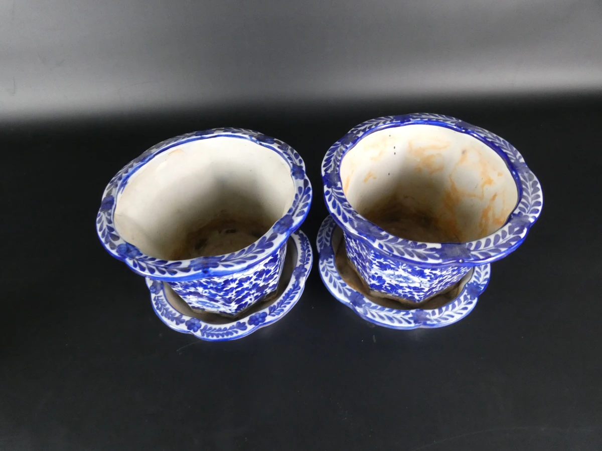Set van 2 blauwe keramische bloempotten met schotels - foto 3