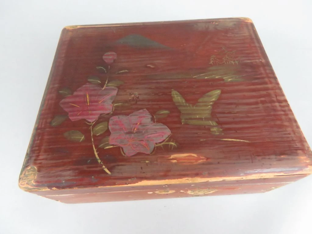 Set van 2 vintage houten sieraden- of opbergdozen met Aziatisch motief - foto 9