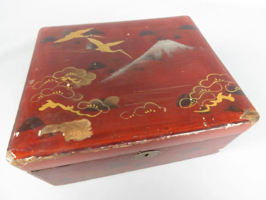 Set van 2 vintage houten sieraden- of opbergdozen met Aziatisch motief - foto 8