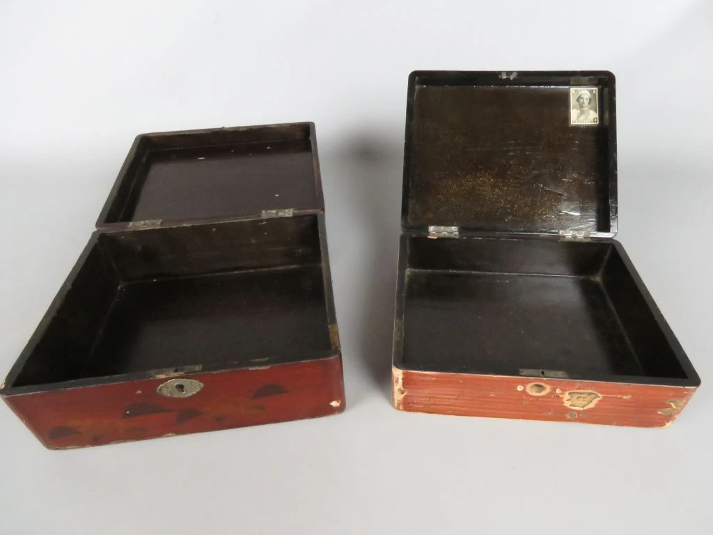 Set van 2 vintage houten sieraden- of opbergdozen met Aziatisch motief - foto 2