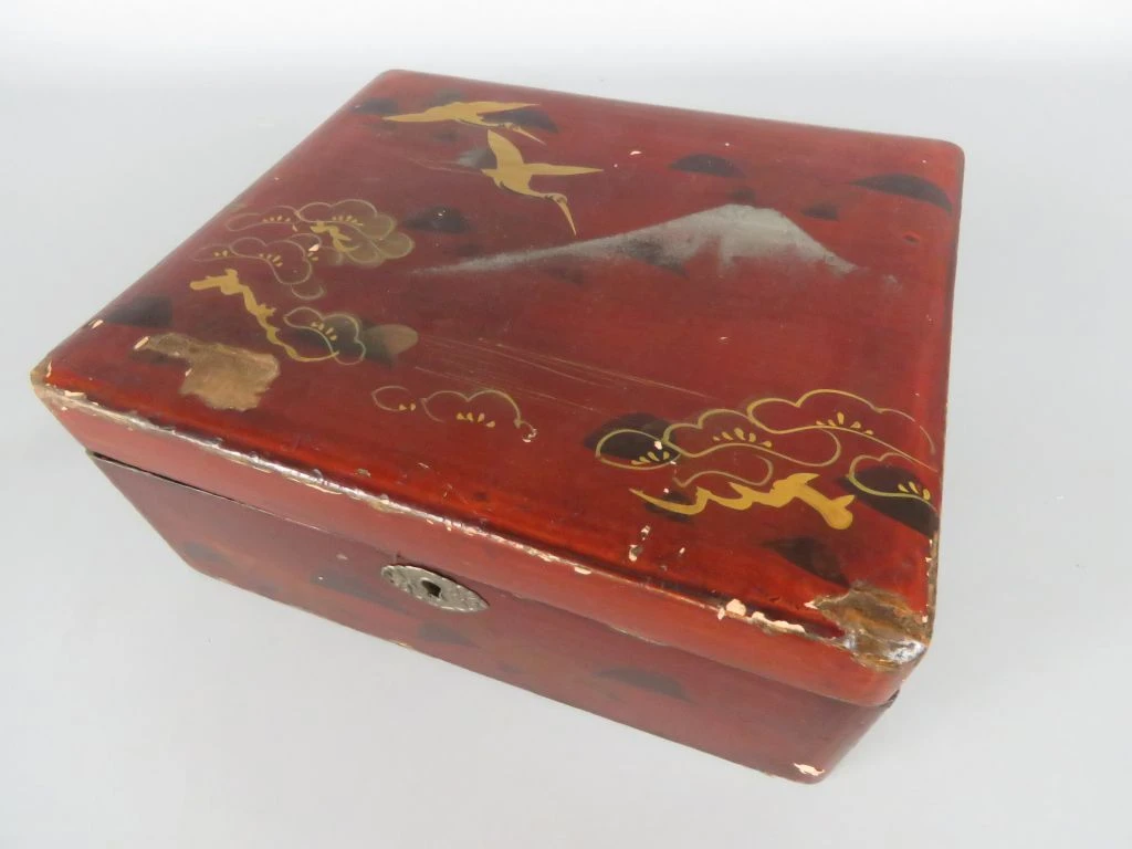 Set van 2 vintage houten sieraden- of opbergdozen met Aziatisch motief - foto 3