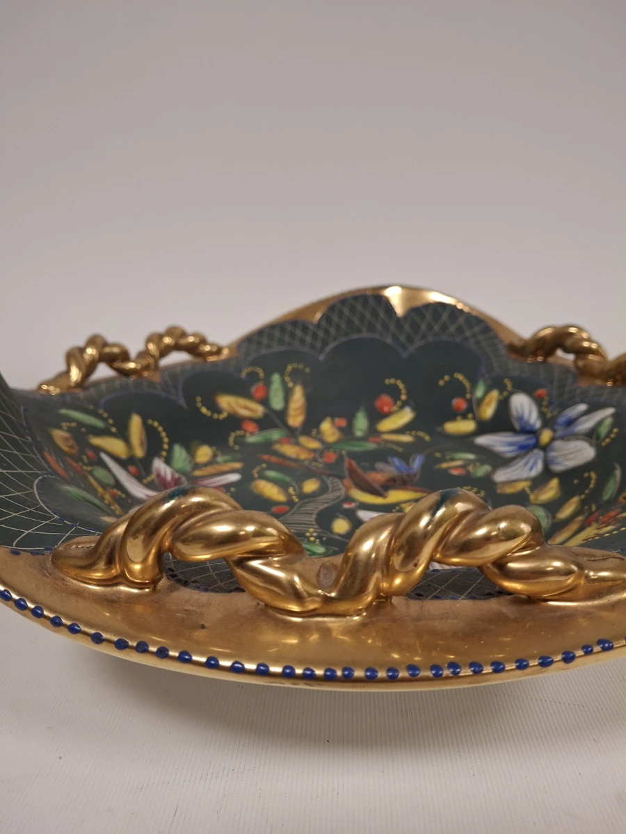 Decoratief porseleinen schaal met gouden handgrepen en vogelmotief - foto 2