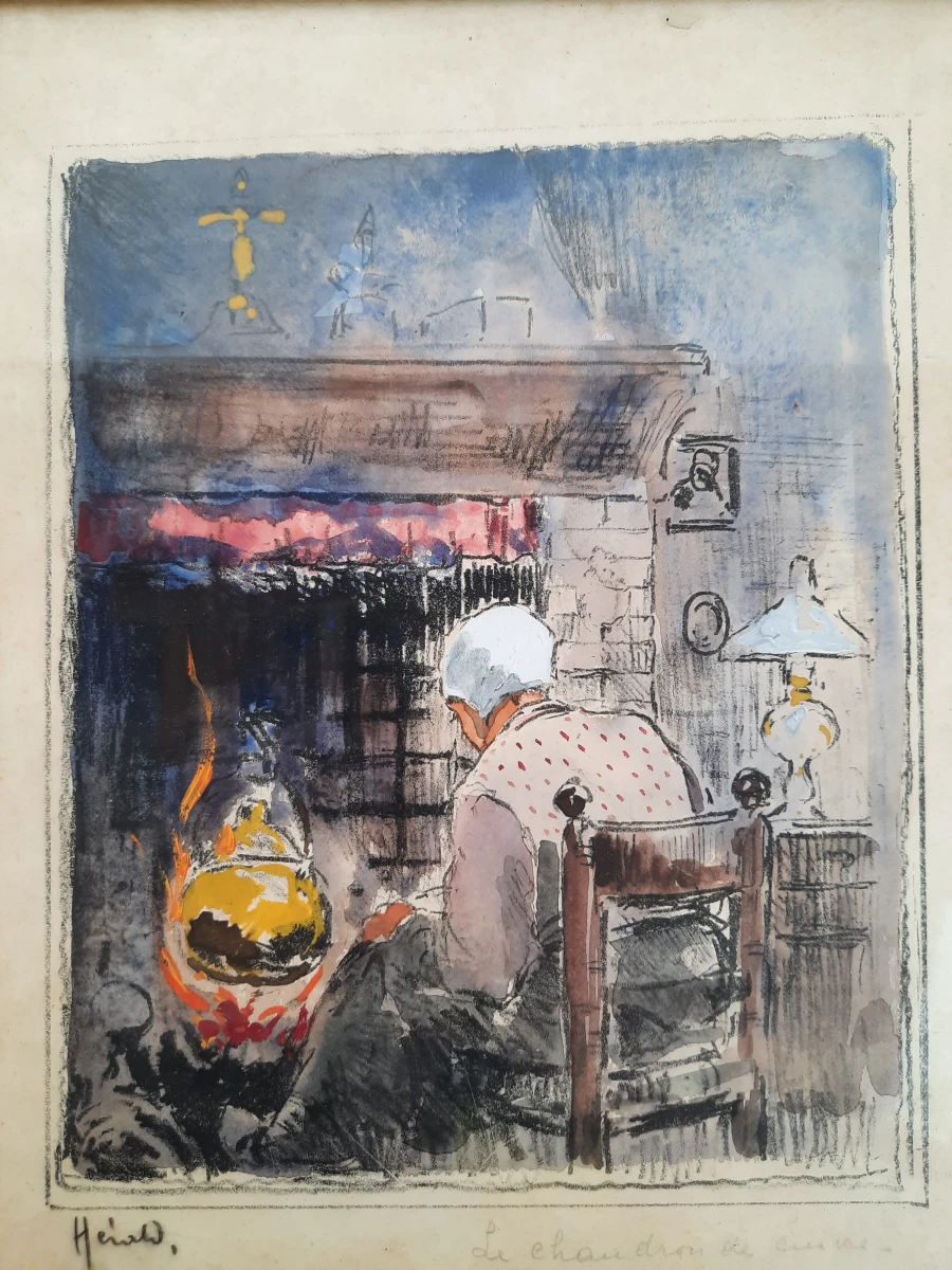 Armand Heins (1856-1938) – "Le chaudron de cuivre" – Handgesigneerde sfeervolle ets