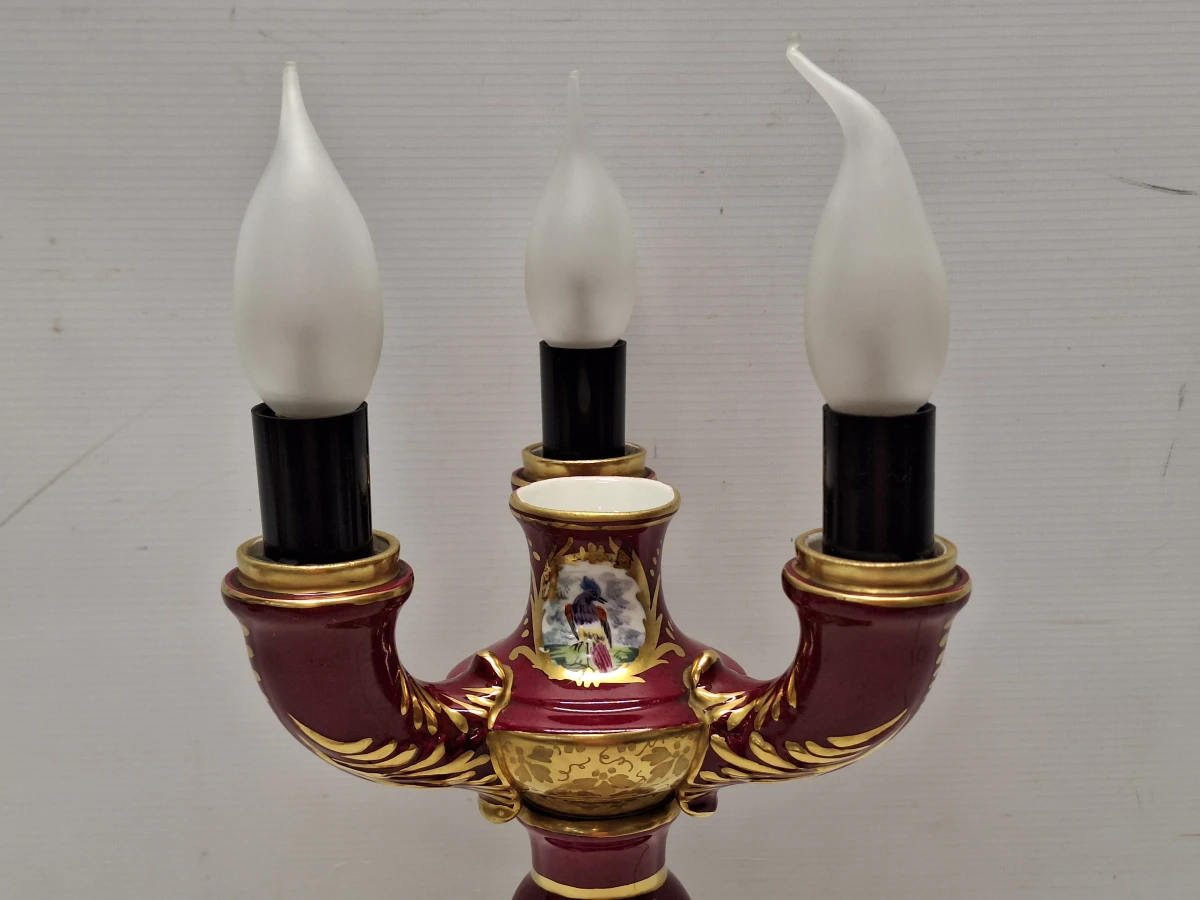 Vintage Porseleinen Kandelaarlamp - Bordeaux & Goud met Handgeschilderde Vogels - foto 9