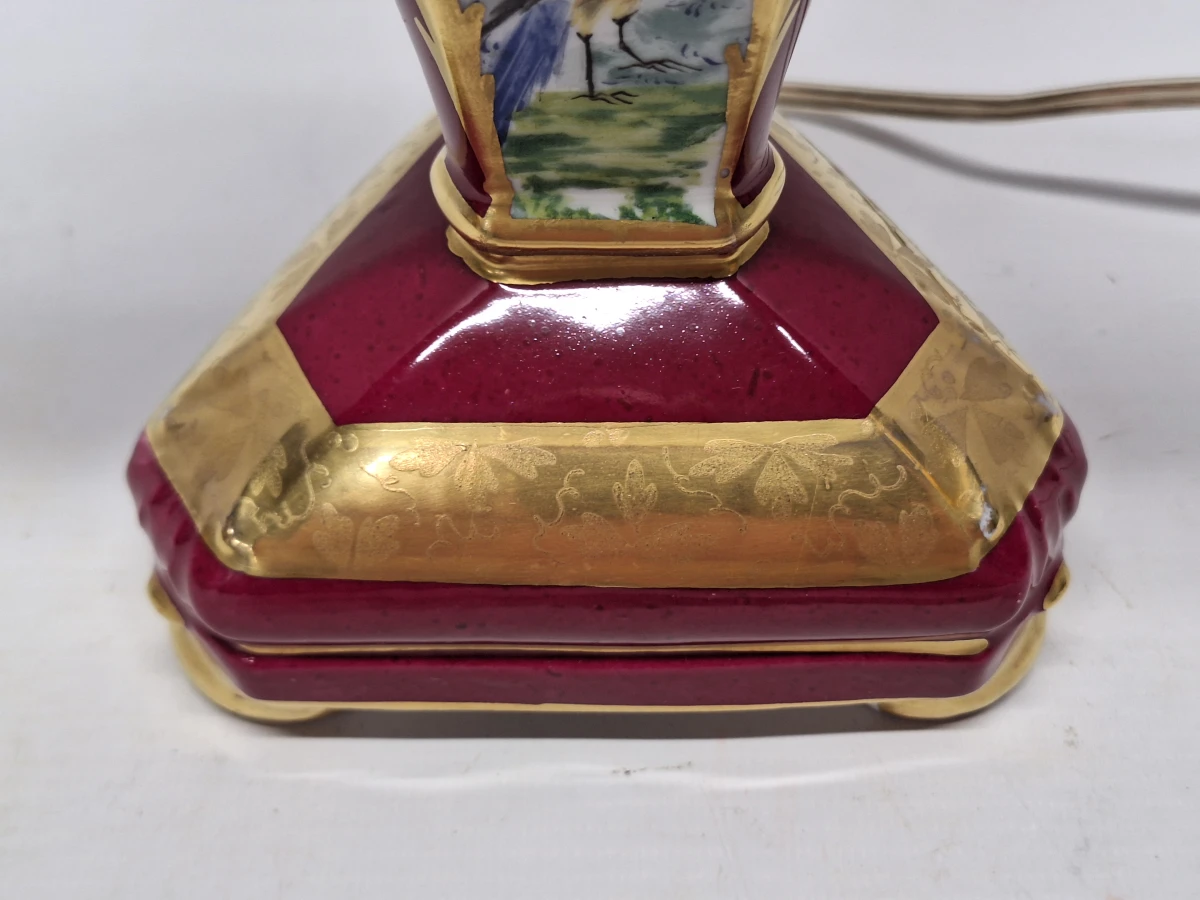 Vintage Porseleinen Kandelaarlamp - Bordeaux & Goud met Handgeschilderde Vogels - foto 7