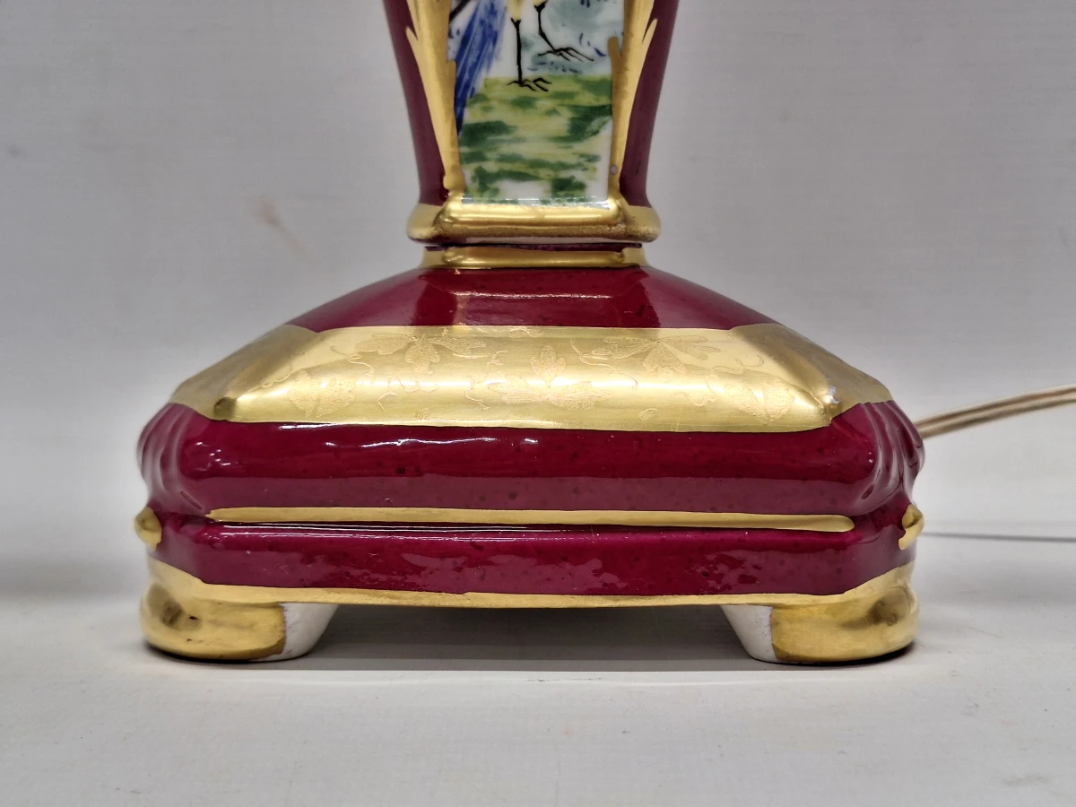 Vintage Porseleinen Kandelaarlamp - Bordeaux & Goud met Handgeschilderde Vogels - foto 6