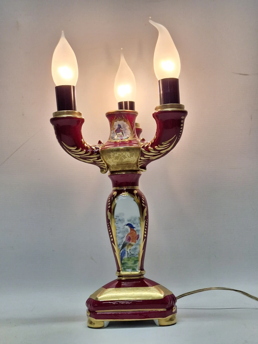 Vintage Porseleinen Kandelaarlamp - Bordeaux & Goud met Handgeschilderde Vogels - foto 2