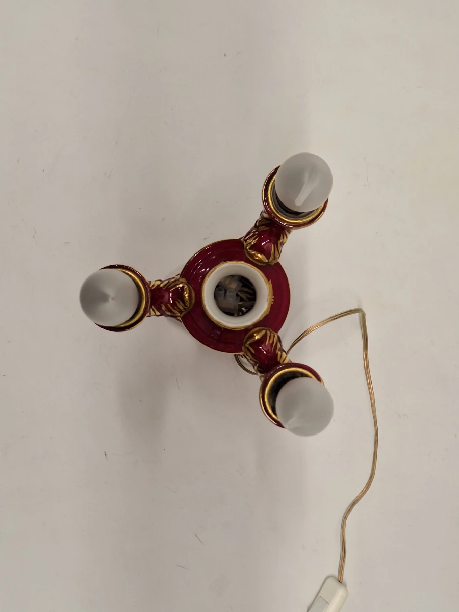 Vintage Porseleinen Kandelaarlamp - Bordeaux & Goud met Handgeschilderde Vogels - foto 14