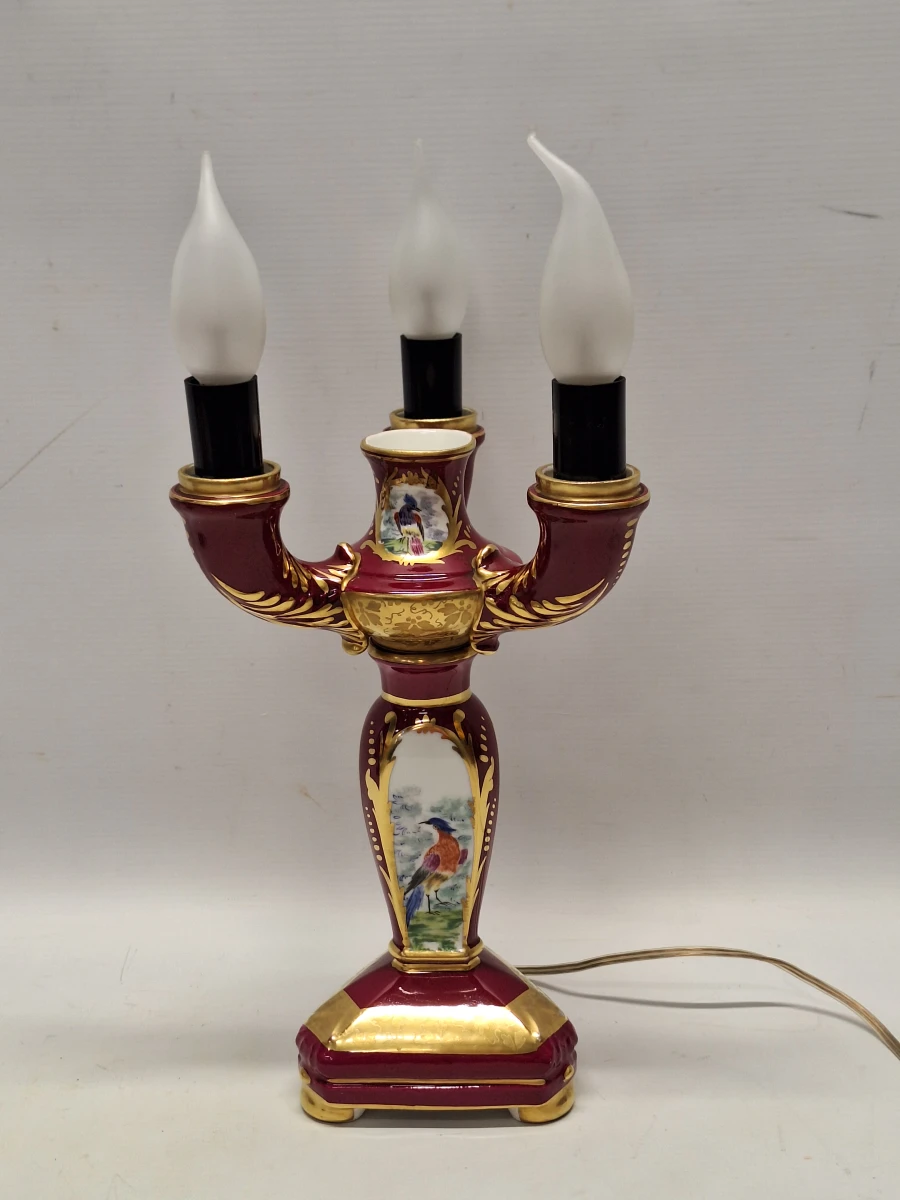 Vintage Porseleinen Kandelaarlamp - Bordeaux & Goud met Handgeschilderde Vogels - foto 3