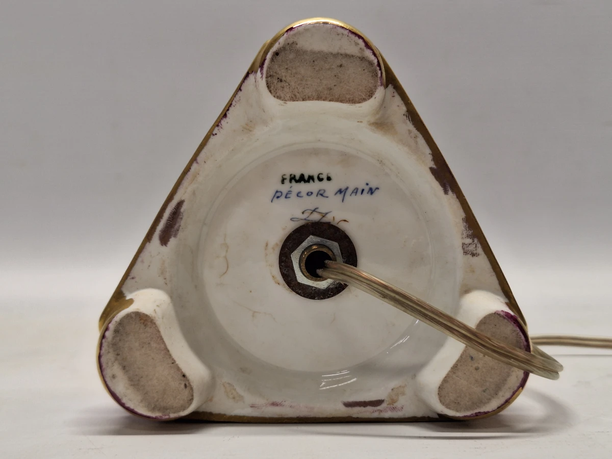 Vintage Porseleinen Kandelaarlamp - Bordeaux & Goud met Handgeschilderde Vogels - foto 16