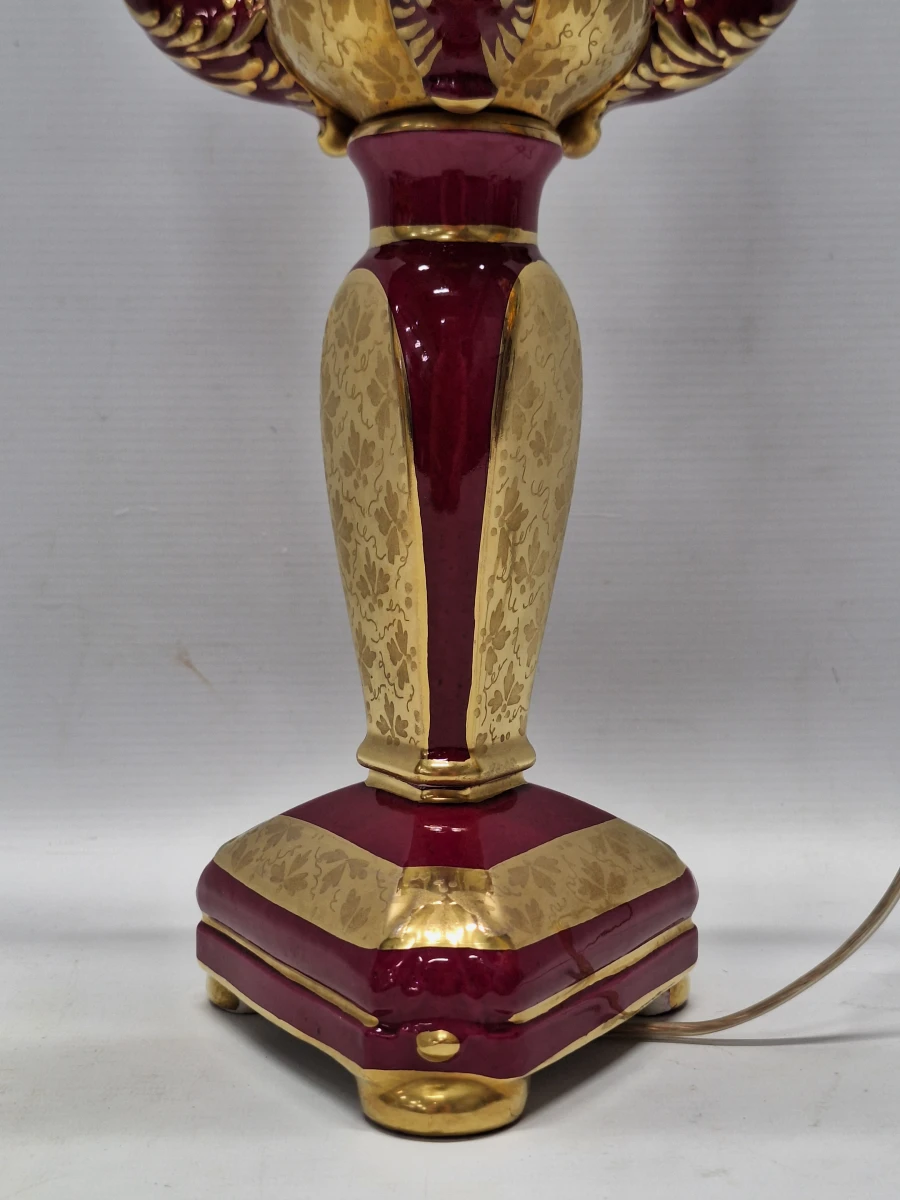 Vintage Porseleinen Kandelaarlamp - Bordeaux & Goud met Handgeschilderde Vogels - foto 12
