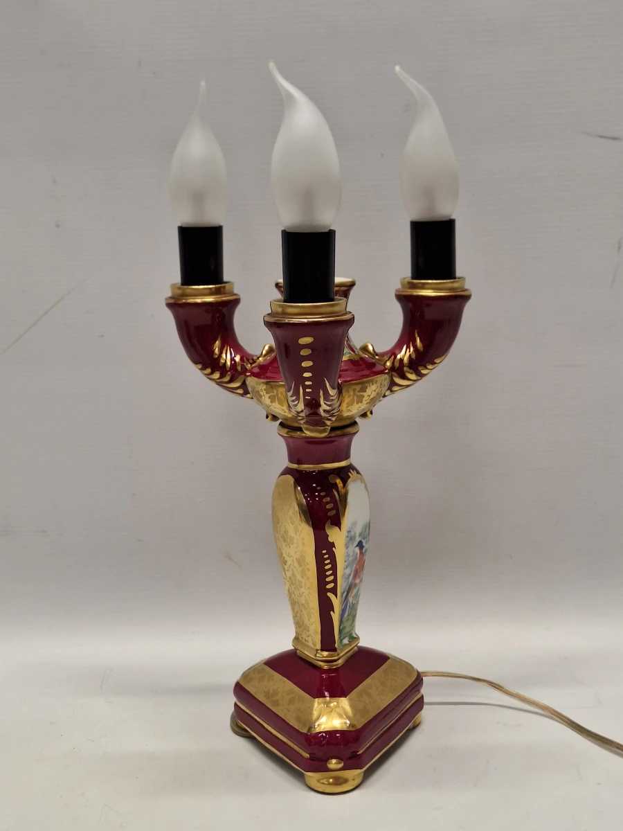 Vintage Porseleinen Kandelaarlamp - Bordeaux & Goud met Handgeschilderde Vogels - foto 10