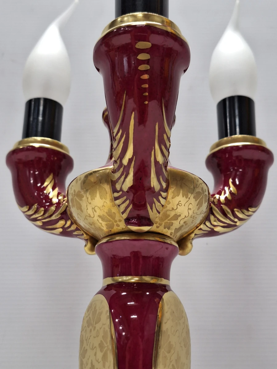 Vintage Porseleinen Kandelaarlamp - Bordeaux & Goud met Handgeschilderde Vogels - foto 13