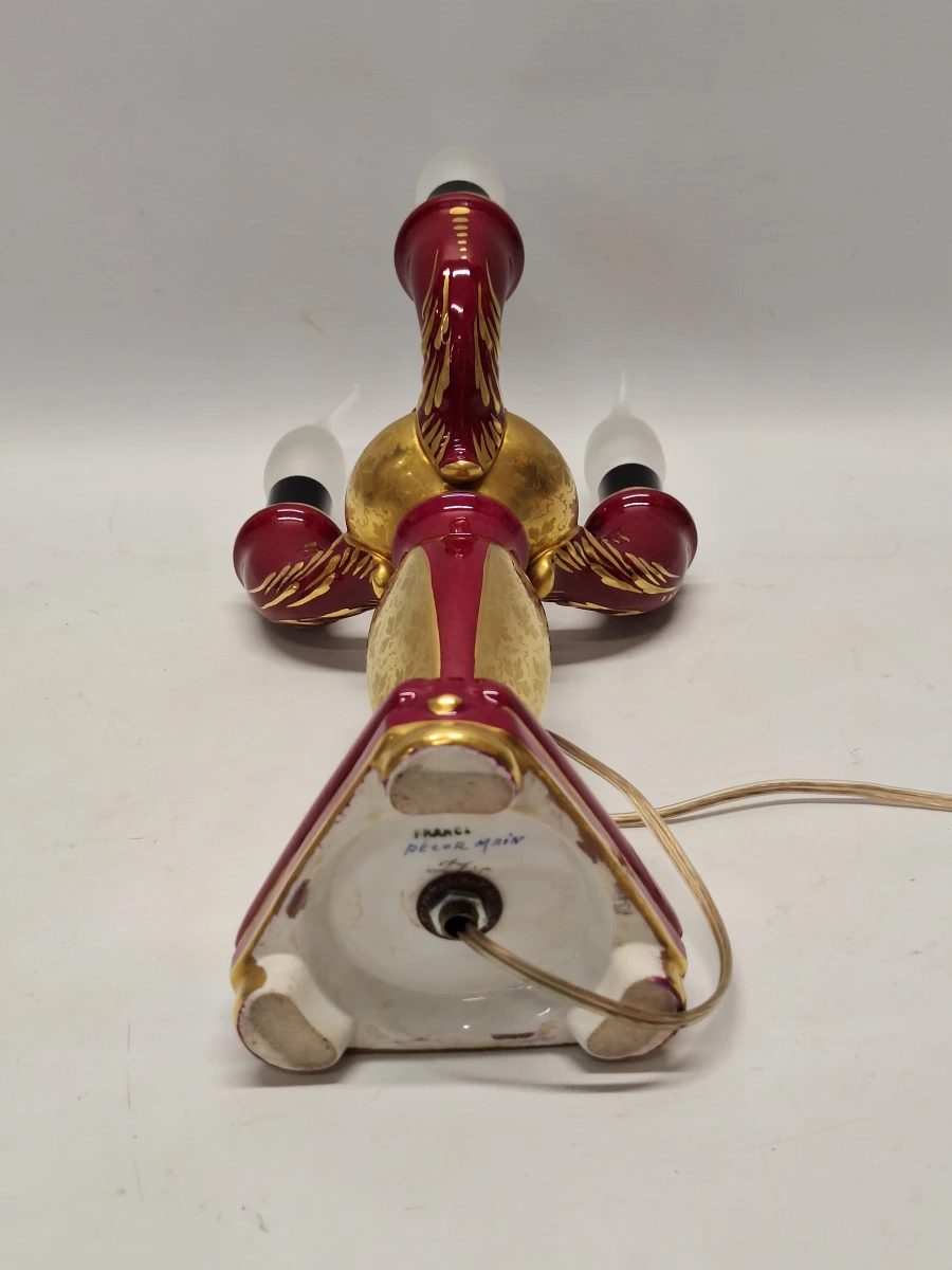 Vintage Porseleinen Kandelaarlamp - Bordeaux & Goud met Handgeschilderde Vogels - foto 15