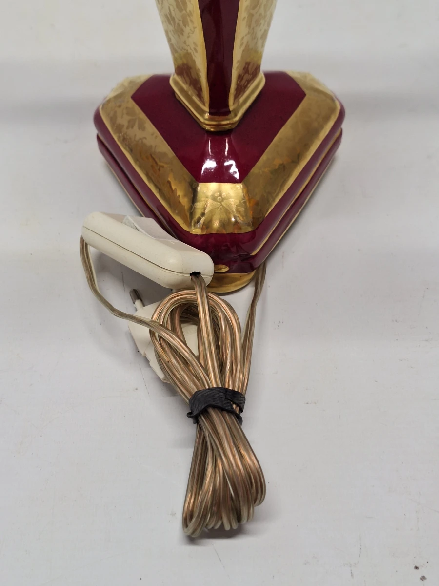 Vintage Porseleinen Kandelaarlamp - Bordeaux & Goud met Handgeschilderde Vogels - foto 5