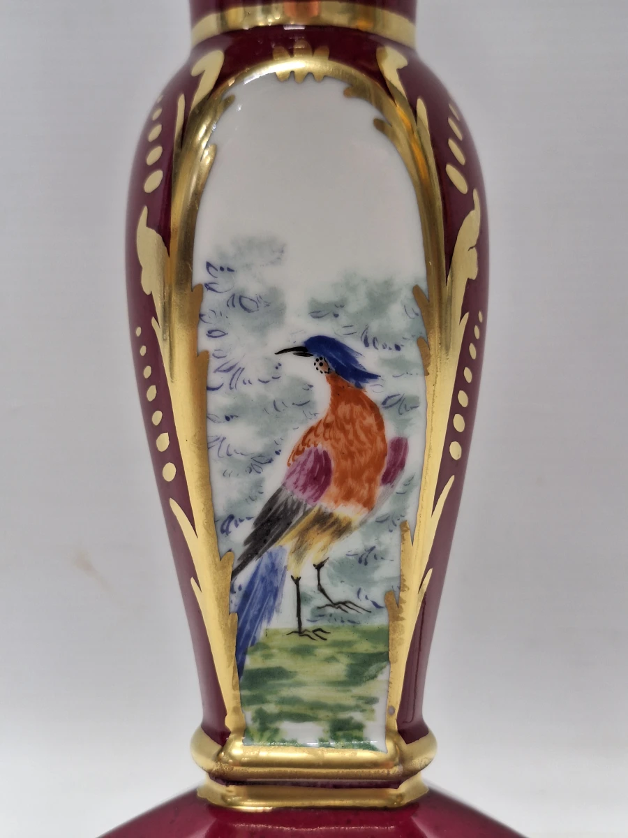 Vintage Porseleinen Kandelaarlamp - Bordeaux & Goud met Handgeschilderde Vogels - foto 4