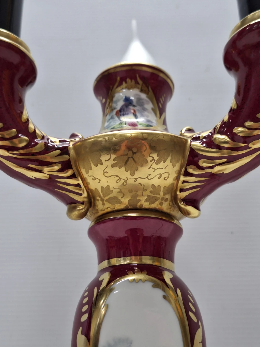 Vintage Porseleinen Kandelaarlamp - Bordeaux & Goud met Handgeschilderde Vogels - foto 8
