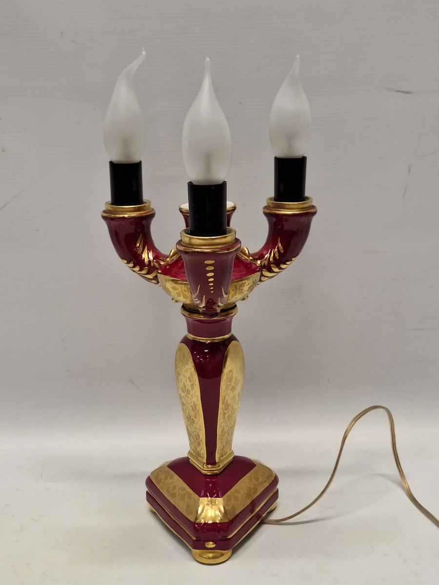 Vintage Porseleinen Kandelaarlamp - Bordeaux & Goud met Handgeschilderde Vogels - foto 11