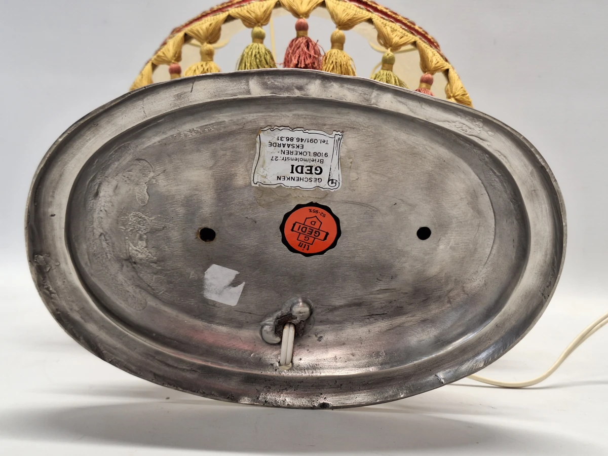 Vintage Tinnen Tafellamp met Eenden & Perkamenten Franje Kap - foto 14
