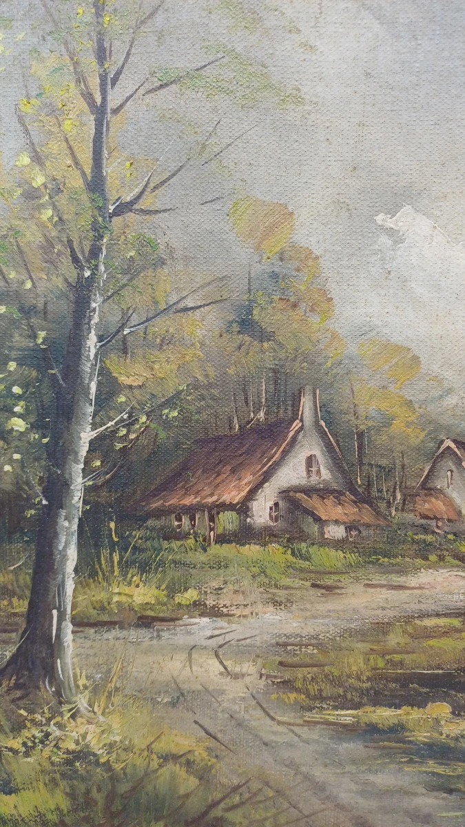 Olieverfschilderij landschap met huisjes in houten lijst - foto 2