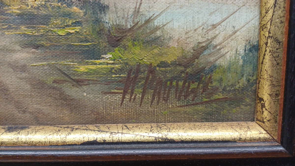 Olieverfschilderij landschap met huisjes in houten lijst - foto 3