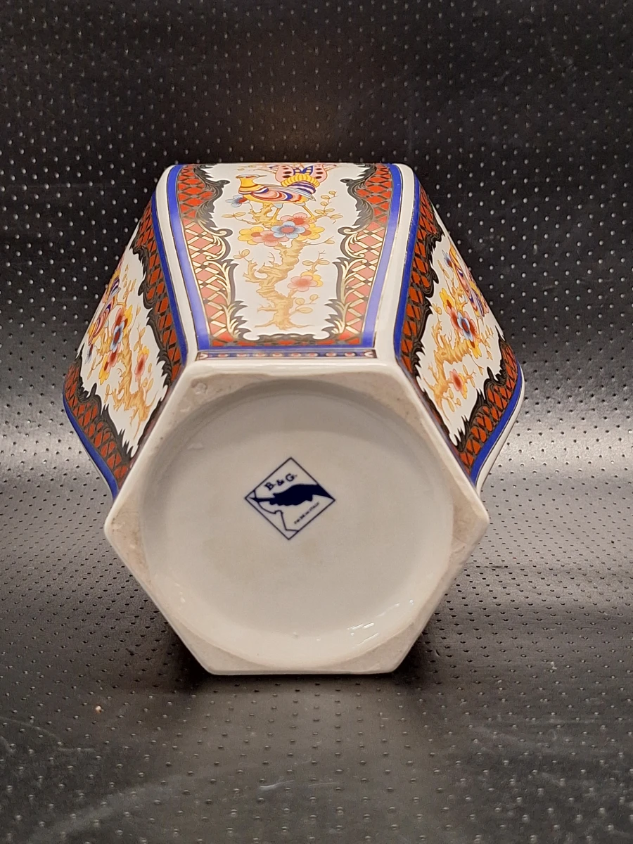 Vintage zeskantige Imari dekselvaas met pauwmotief van B&G - Made in Italy - foto 12