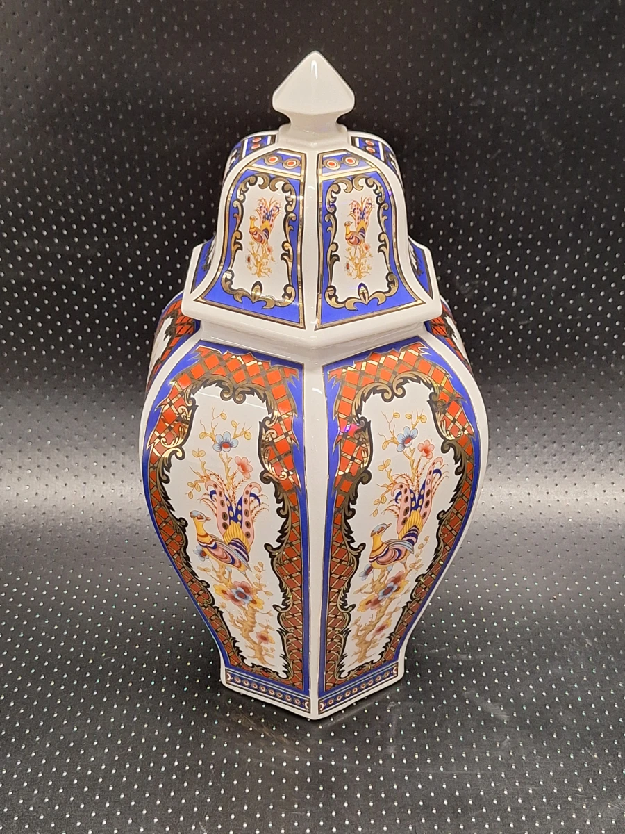 Vintage zeskantige Imari dekselvaas met pauwmotief van B&G - Made in Italy - foto 6