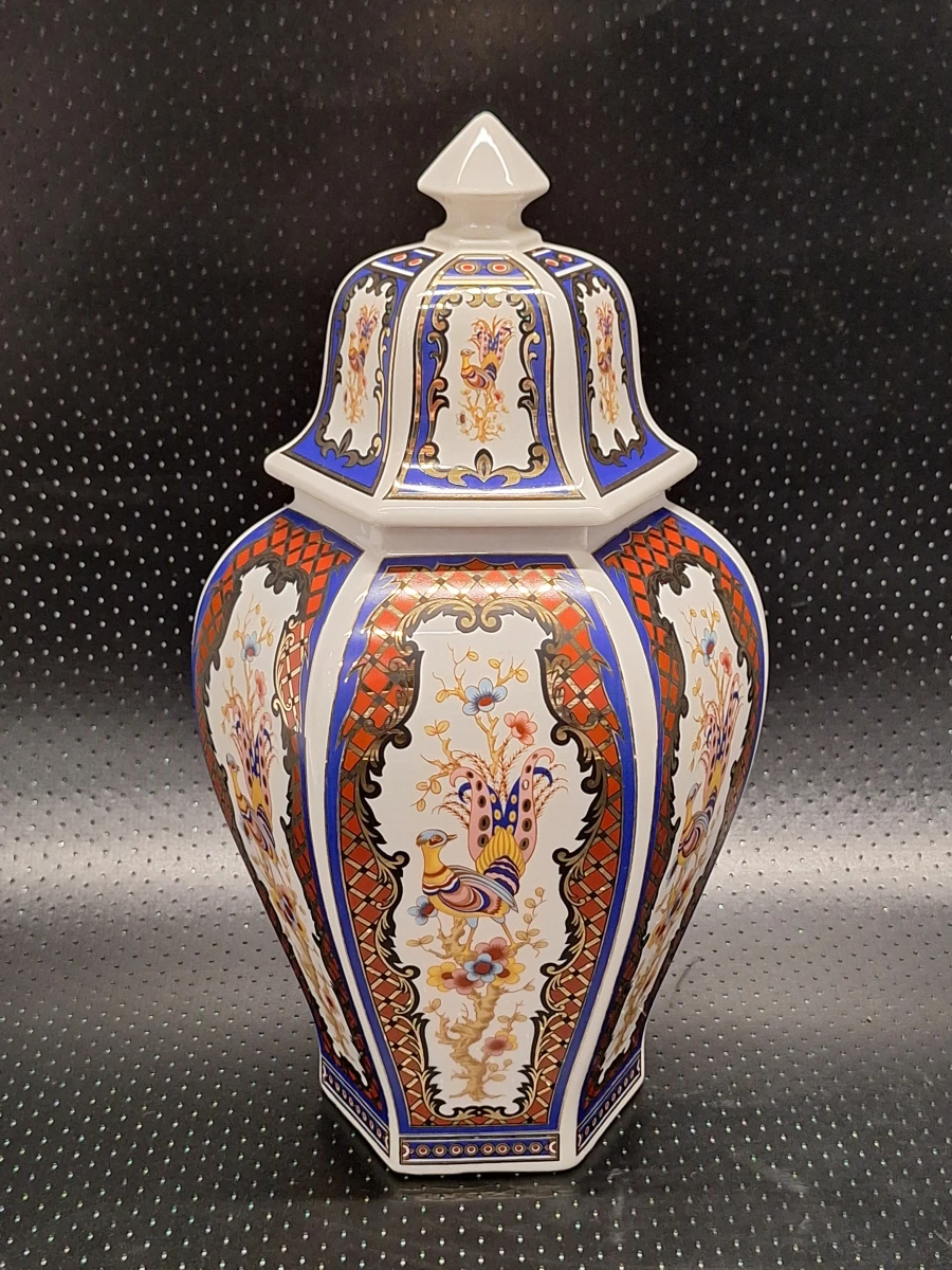Vintage zeskantige Imari dekselvaas met pauwmotief van B&G - Made in Italy - foto 2