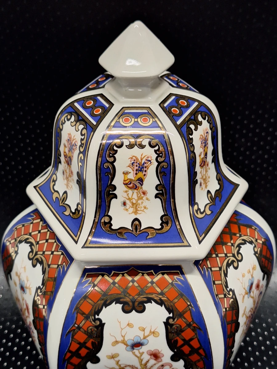Vintage zeskantige Imari dekselvaas met pauwmotief van B&G - Made in Italy - foto 5