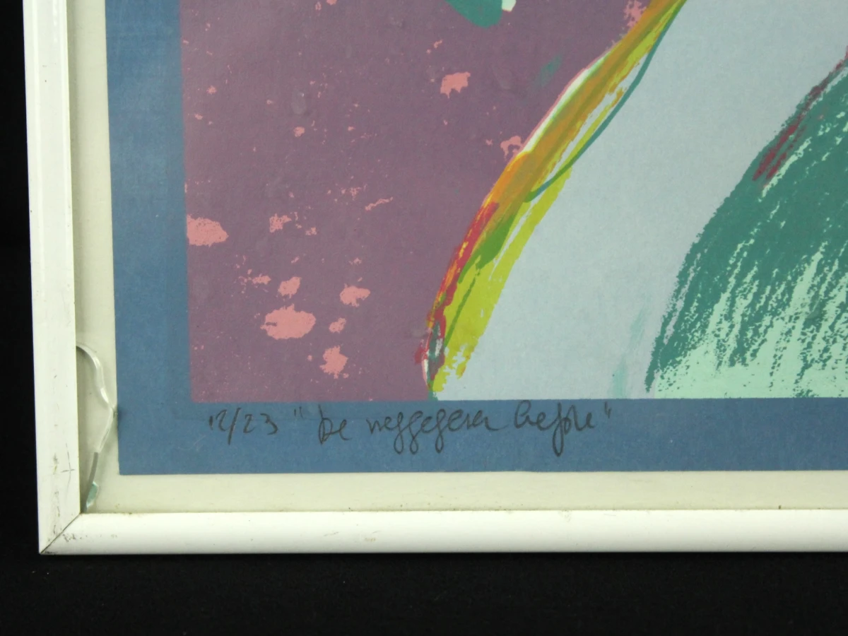 Kleurrijke ingelijste grafisch werk 'De weggegeven liefde' - Martine Van Santvliet - foto 5