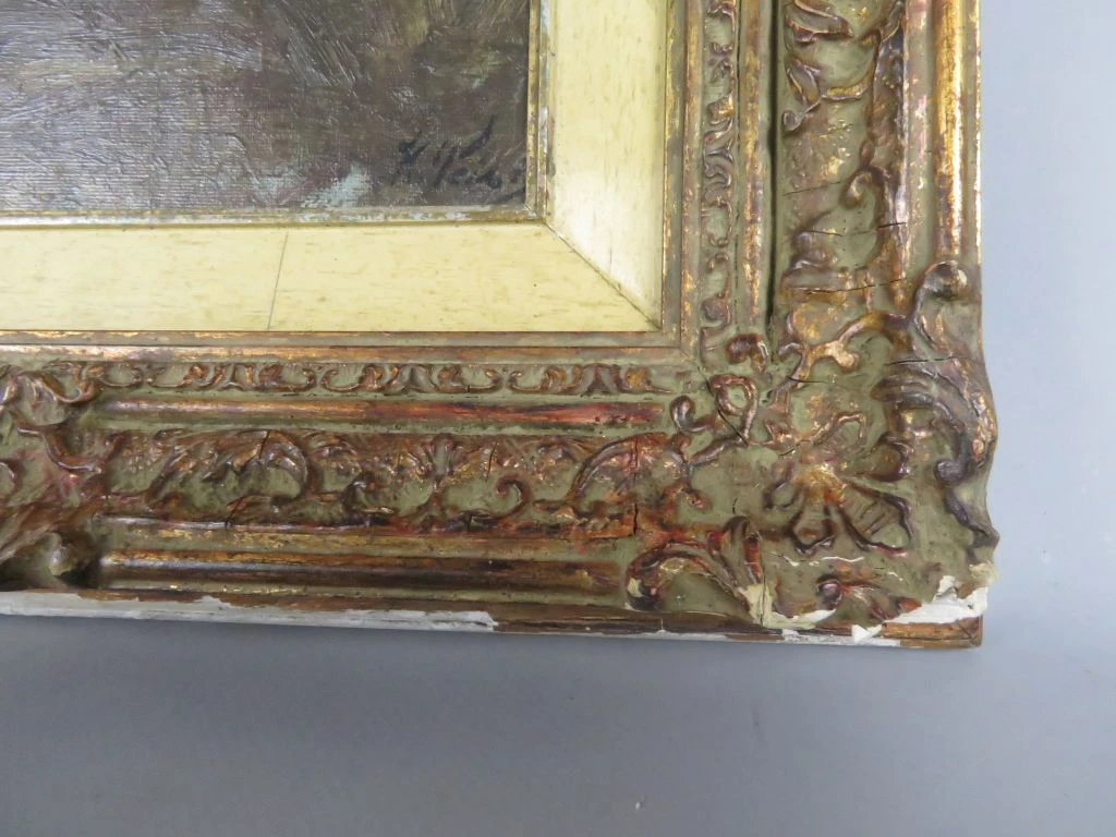 Olieverfschilderij met houten lijst en beschadigingen - foto 3